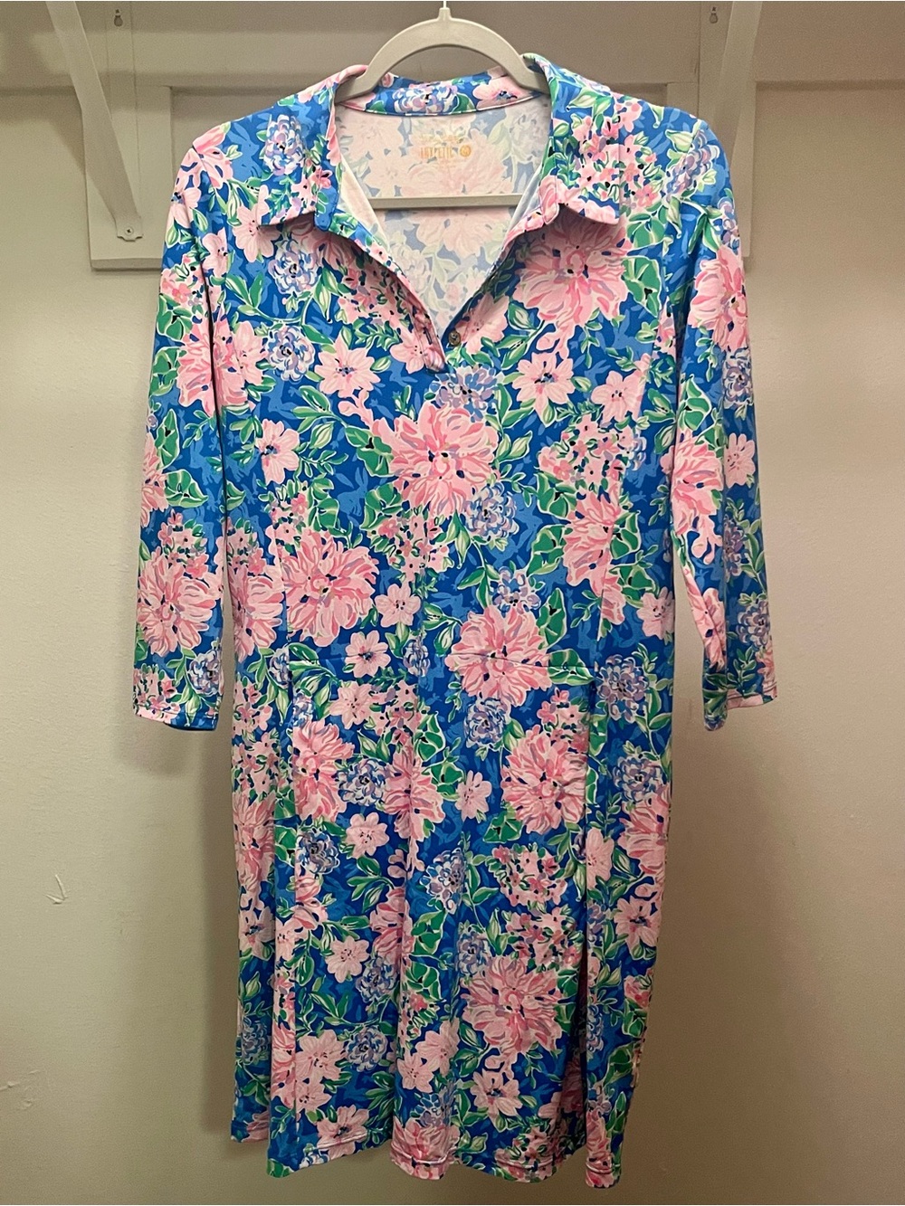 Lilly Pulitzer Luxletic Floral Collared Shift Dress in Blue and Pink